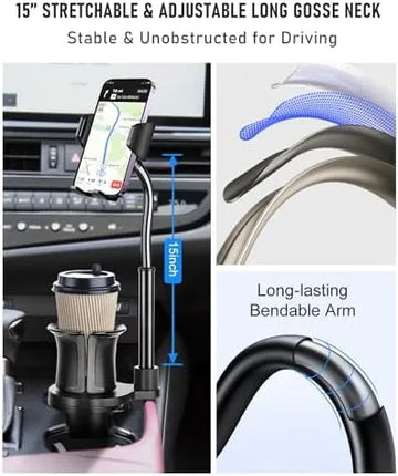 Cup Holder Phone Mount, Upgraded 2 in 1 Cup Holder Phone Holder for Car, Car Phone Mount with Long Gooseneck and Stretchable Cup Holder for Track, Car, Compatible with iPhone Samsung All Phones - PremiumBrandGoods
