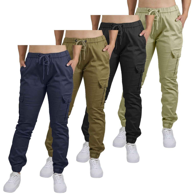 Women's Cargo Jogger Pants Cotton Flex with Stretch Comfort (Size: S-2XL) 3-Pack