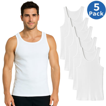 Men’s Ribbed Classic Crew Neck Tank Tops Undershirts Soft Cotton Blend 5-Pack
