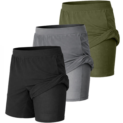 3-Pack Men's 2-in-1 Running Shorts Quick Dry Stretch Athletic Gym Workout Shorts