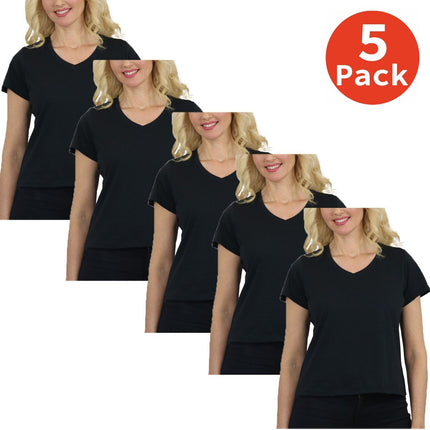 5-Pack Women’s Relaxed Fit V-Neck Short Sleeve T-Shirt – 100% Cotton (S-2XL)