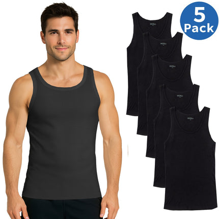Men’s Ribbed Classic Crew Neck Tank Tops Undershirts Soft Cotton Blend 5-Pack