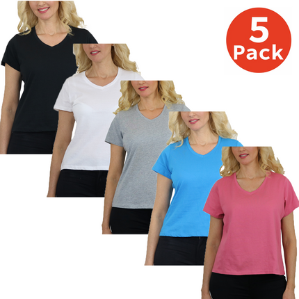 5-Pack Women’s Relaxed Fit V-Neck Short Sleeve T-Shirt – 100% Cotton (S-2XL)