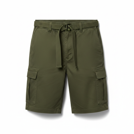 Men's Belted Cargo Shorts in Olive on white background