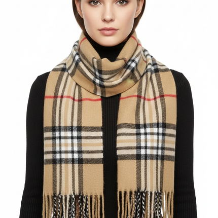 Beige Plaid Scarf Ultra Plush Pashmina Wool Blend 6ft Long Unisex