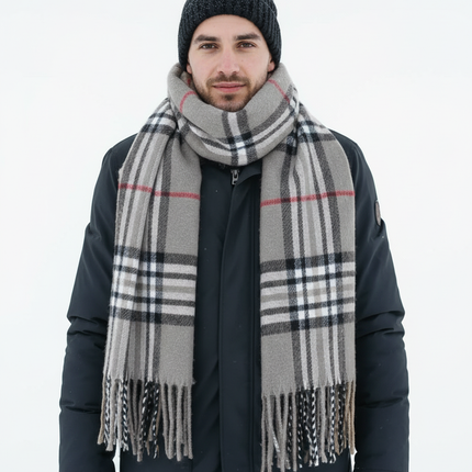 Gray Plaid Scarf Ultra Plush Pashmina Wool Blend 6ft Long Unisex Grey