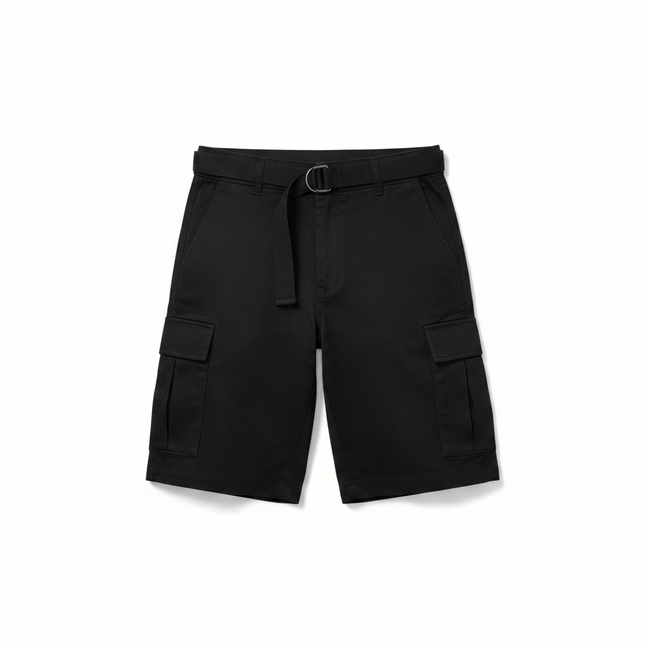 Men's Belted Cargo Shorts in Black on white background