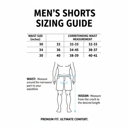 Men's Cargo Shorts sizing chart waist sizes 30 to 40