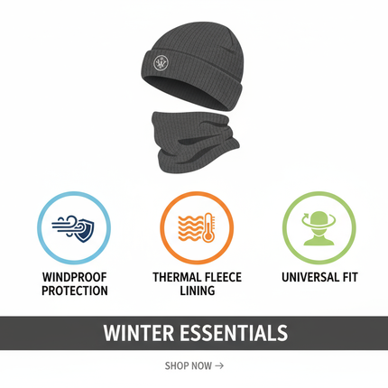 Black Winter Hat and Scarf Set Warm Fleece Lined Beanie unisex - PremiumBrandGoods