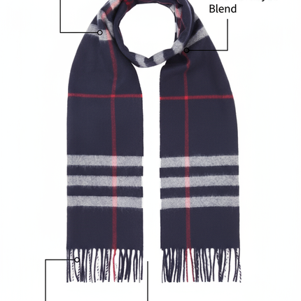 Blue Plaid Scarf Ultra Plush Pashmina Wool Blend 6ft Long Unisex Navy