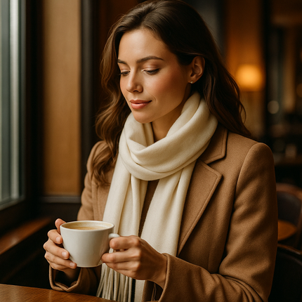 Lifestyle shot - woman with cream scarf in coffee shop