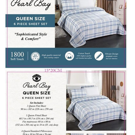 Pearl Bay 6 Piece Bed Sheet Set Blue Checkered with Lines - PremiumBrandGoods