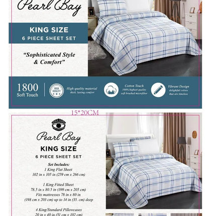 Pearl Bay 6 Piece Bed Sheet Set Blue Checkered with Lines - PremiumBrandGoods