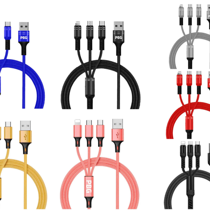 3-in-1 Nylon Braided 4FT 3A Charging Cable (8Pin, Type-C, Micro USB) 2 Pack Mix n Match