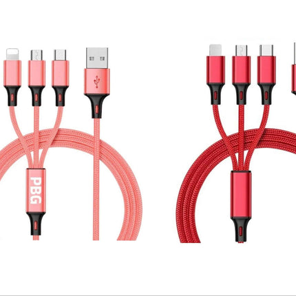 3-in-1 Nylon Braided 4FT 3A Charging Cable (8Pin, Type-C, Micro USB) 2 Pack Mix n Match