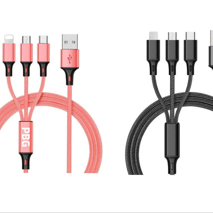 3-in-1 Nylon Braided 4FT 3A Charging Cable (8Pin, Type-C, Micro USB) 2 Pack Mix n Match