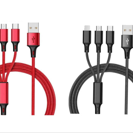 3-in-1 Nylon Braided 4FT 3A Charging Cable (8Pin, Type-C, Micro USB) 2 Pack Mix n Match