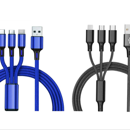 3-in-1 Nylon Braided 4FT 3A Charging Cable (8Pin, Type-C, Micro USB) 2 Pack Mix n Match