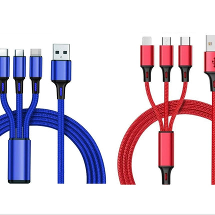 3-in-1 Nylon Braided 4FT 3A Charging Cable (8Pin, Type-C, Micro USB) 2 Pack Mix n Match