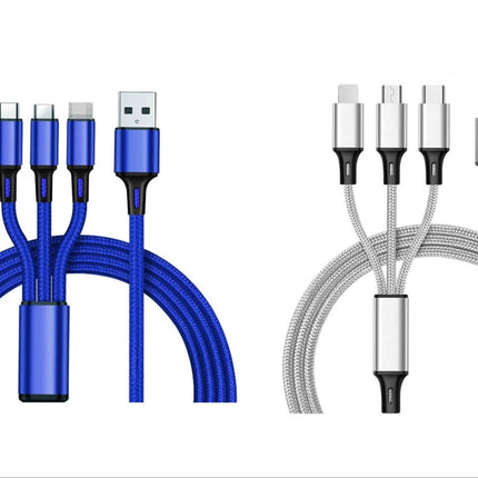 3-in-1 Nylon Braided 4FT 3A Charging Cable (8Pin, Type-C, Micro USB) 2 Pack Mix n Match