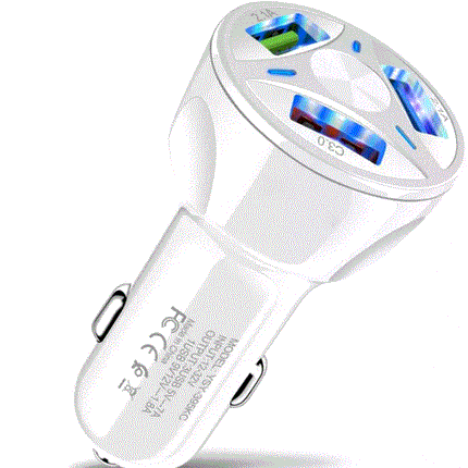 3 Port Fast LED White Car Charger + 3 in 1 Cable Combo Black - PremiumBrandGoods