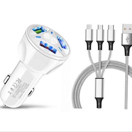 3 Port Fast LED White Car Charger + 3 in 1 Cable Combo