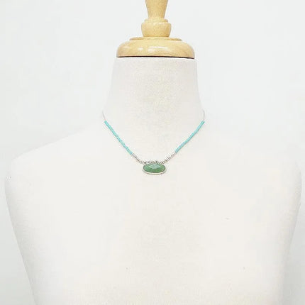 OVAL GEN STONE W FACETED BEAD METAL NECKLACE - PremiumBrandGoods