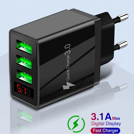 PBG 3 port LED Display Wall Charger and 3 in 1 Cable Bundle Black - PremiumBrandGoods
