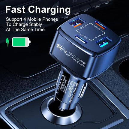 PBG 4 Port Car Charger and 4FT - 3 in 1 Nylon Cable Combo Gold - PremiumBrandGoods