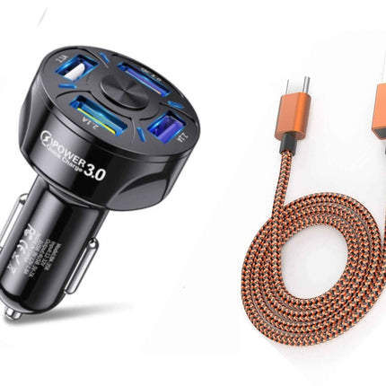 QC 3.0 4-Port LED Car Charger & 10FT Orange Nylon iPhone Cable Combo
