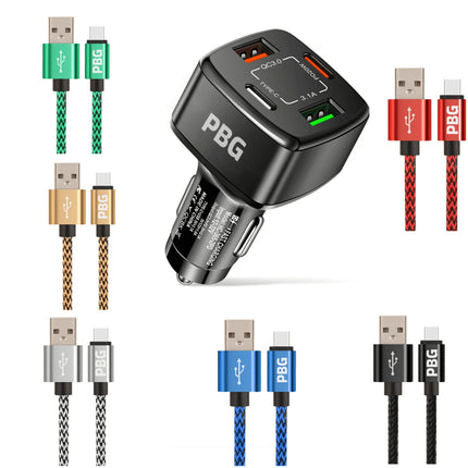 PBG 4 Port PD/USB Car Charger and 10FT Zebra Charger Compatible for Iphone Blue - PremiumBrandGoods