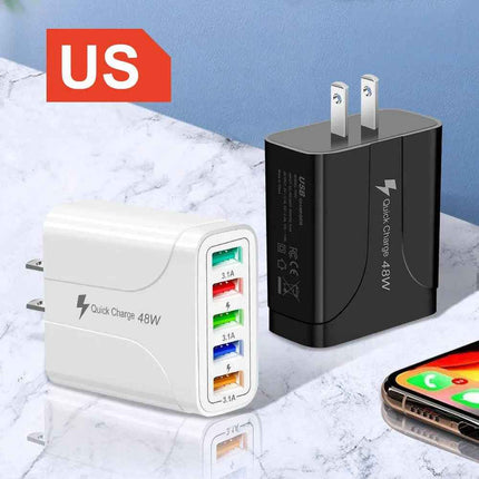 PBG White 5-Port LED Wall Charger & 3-in-1 Nylon Braided Fast Charging Cable