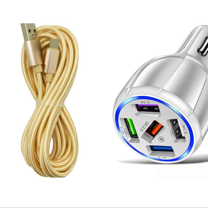 White 5-Port USB Fast Car Charger with LED, 10FT iPhone Cable - Quick Charge 3.0