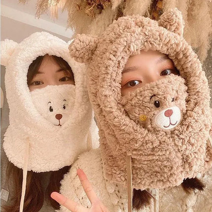Winter Cute Bear Ears Warm Hat Women Beanies Windproof Cap Student Velvet Warm Neck Scarf Hat - PremiumBrandGoods