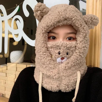 Winter Cute Bear Ears Warm Hat Women Beanies Windproof Cap Student Velvet Warm Neck Scarf Hat - PremiumBrandGoods